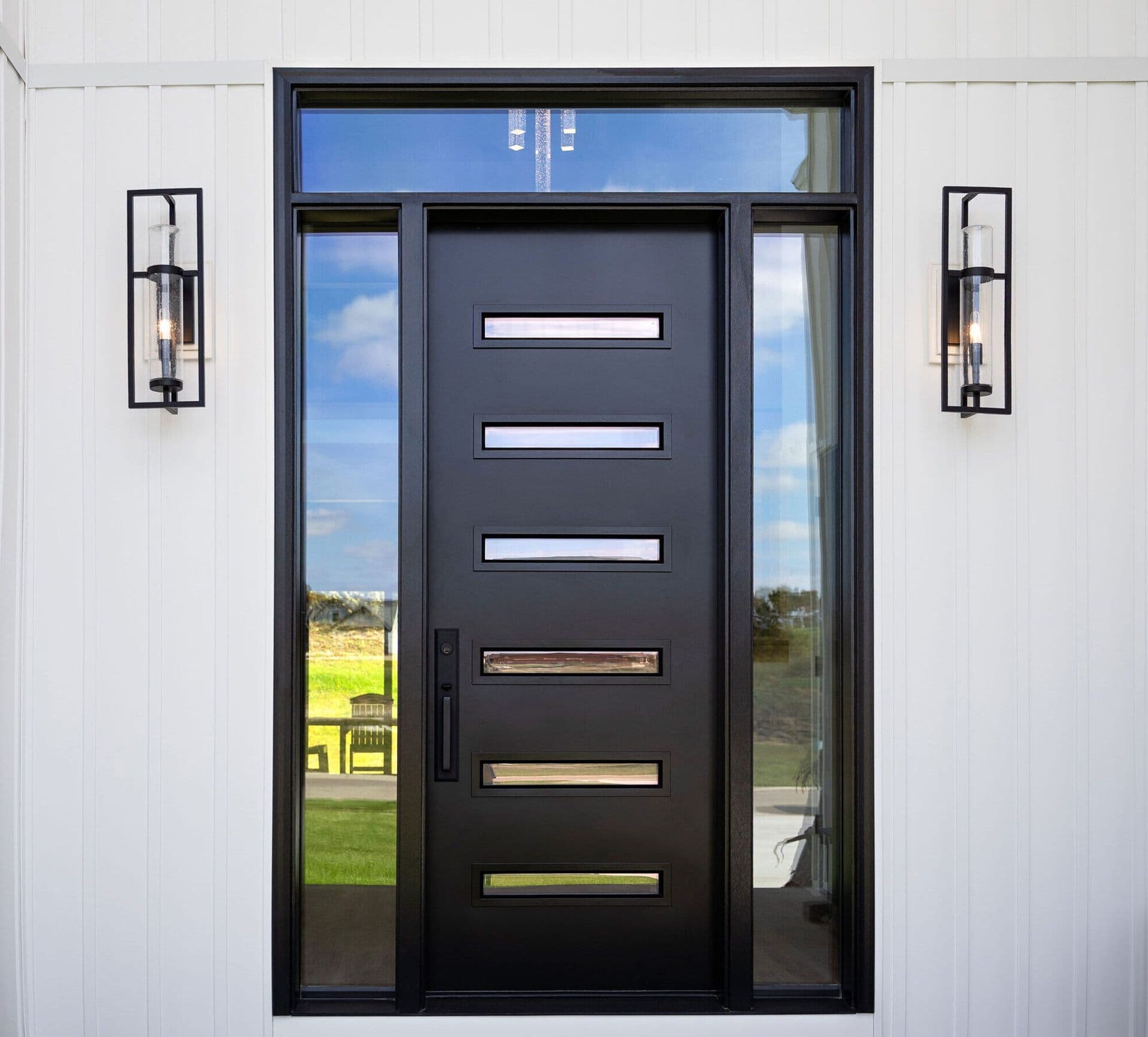 A ProVia Legacy™ 116 Smooth Steel 8′ Door in Coal Black with Clear Glass.