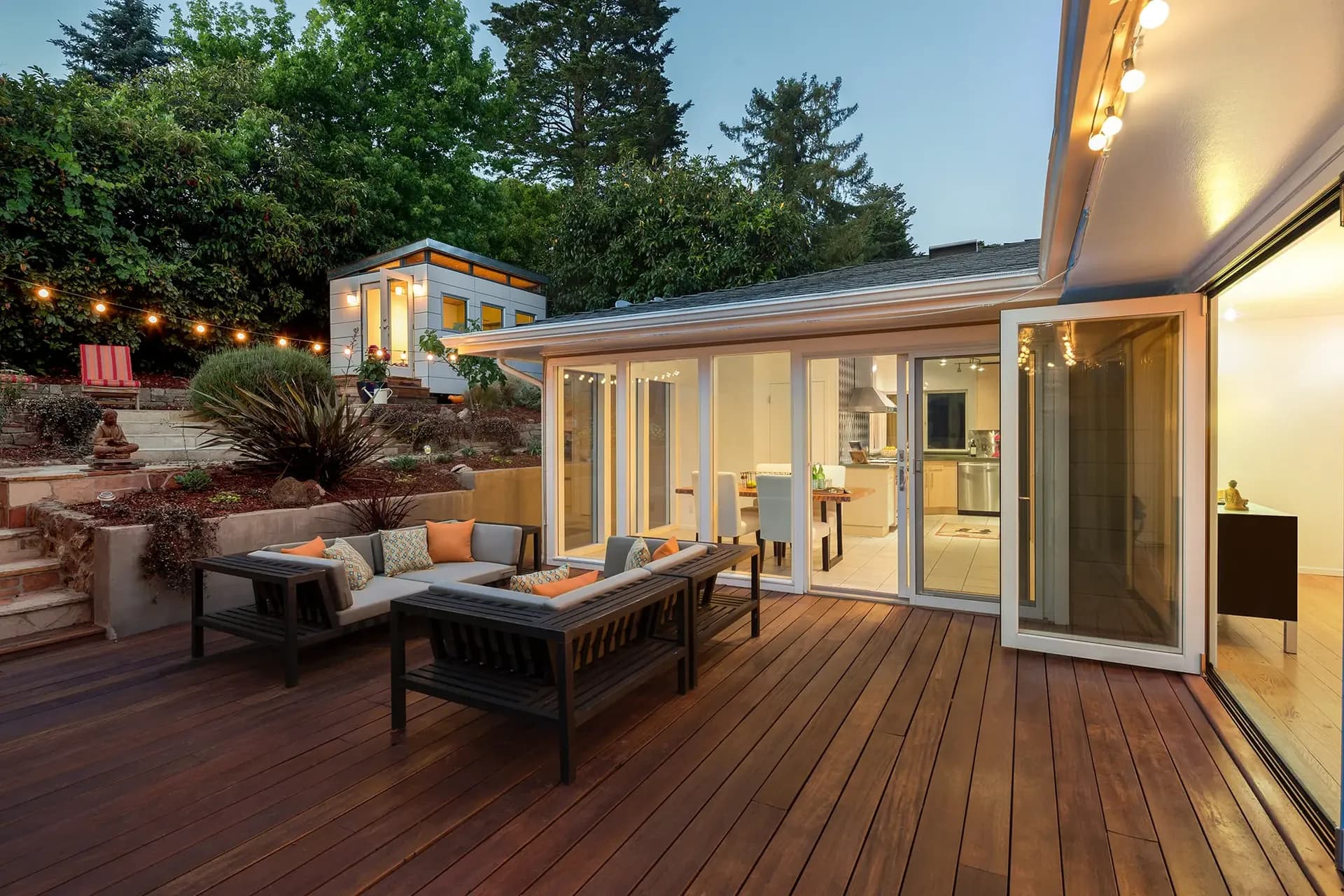 A beautiful modern deck at dusk.