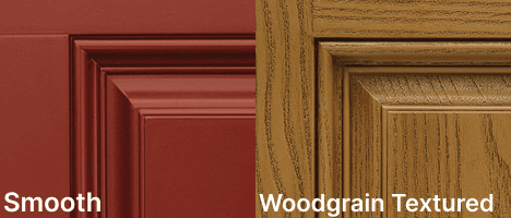 Swatches of ProVia Heritage fiberglass entry doors in a smooth and wood grain finish.