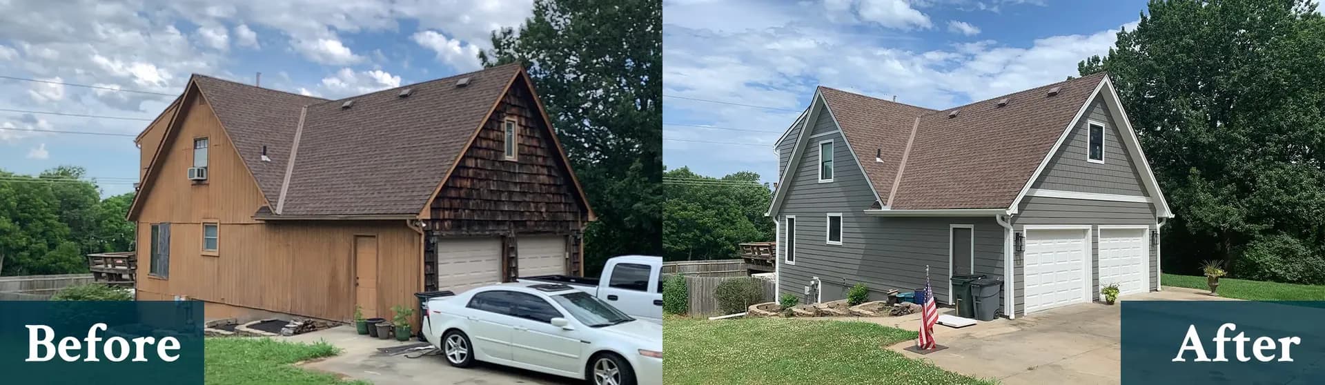 Before and After photo of a Lenex, KS home updated with James Hardie Siding and Marvin Windows by Safe Harbor Exteriors