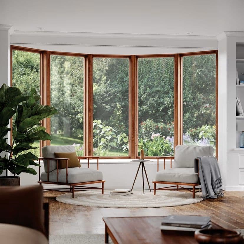 A living room with large Marvin Elevate bow windows spanning across the wall.