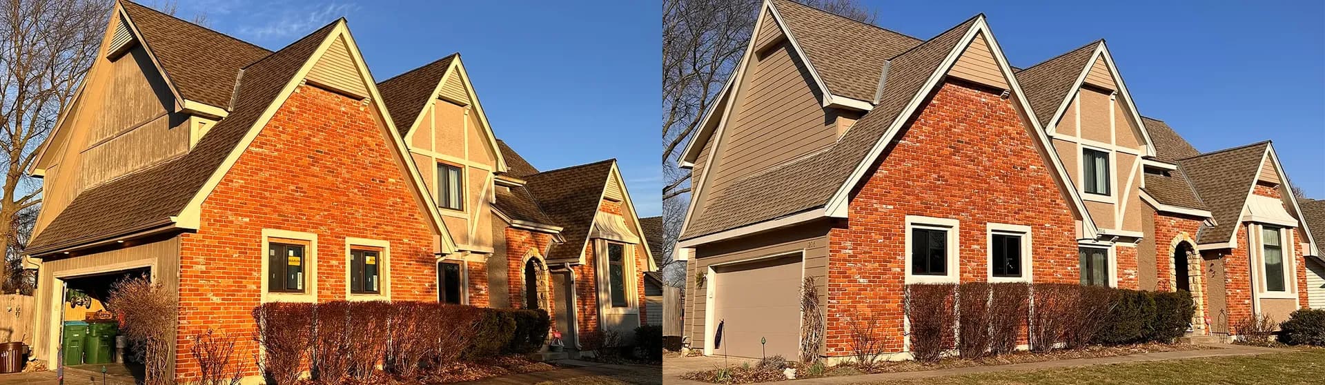 Before and After image of an Overland Park home with James Hardie Siding and Marvin Windows installed by Safe Harbor Exteriors