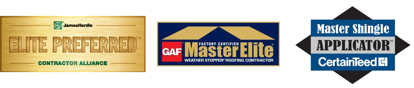 Logo badges for James Hardie Elite Preferred Contractor Alliance, GAF Certified Master Elite, and CertainTeed Master Shingle Applicator.