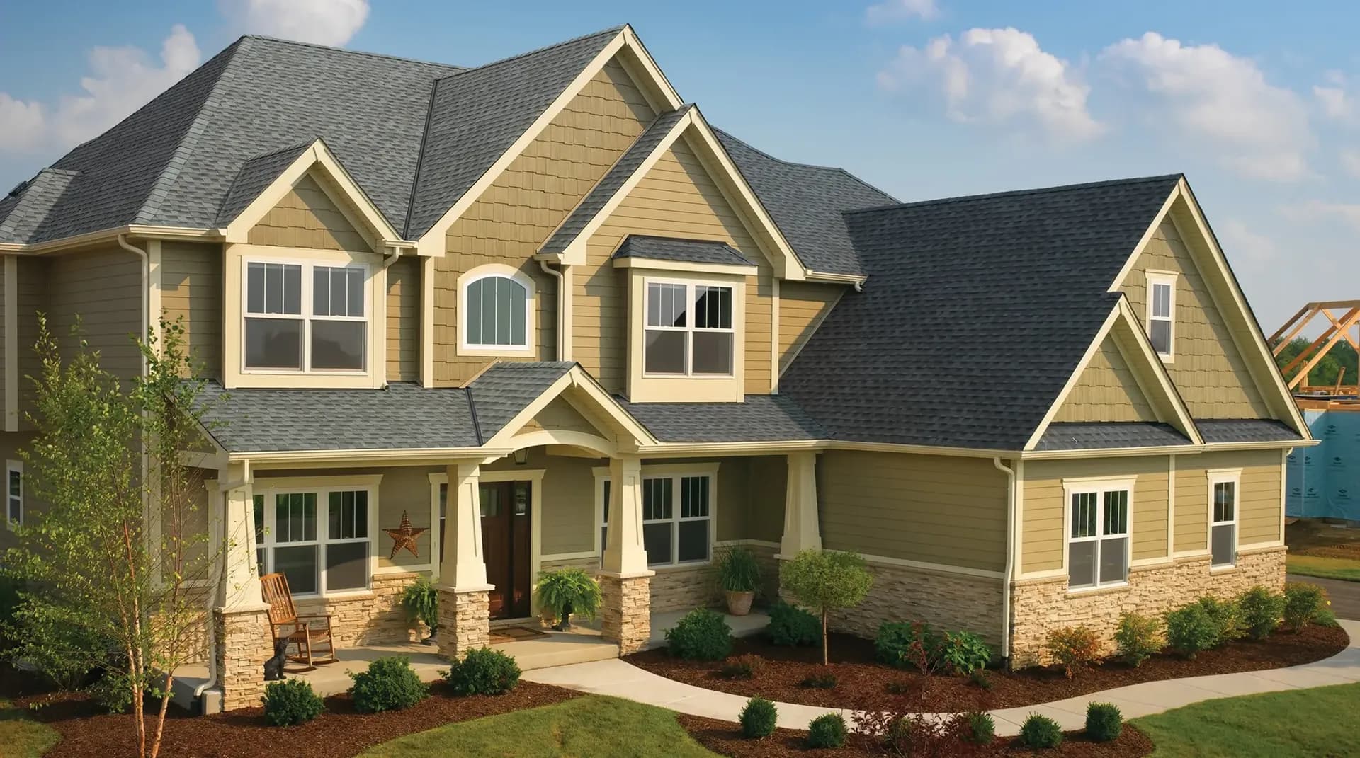 A newly-installed, gray residential roof on a tan house.