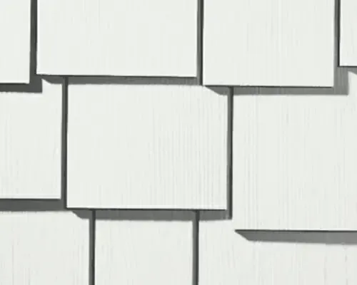 A swatch of white James Hardie HardieShingle siding.
