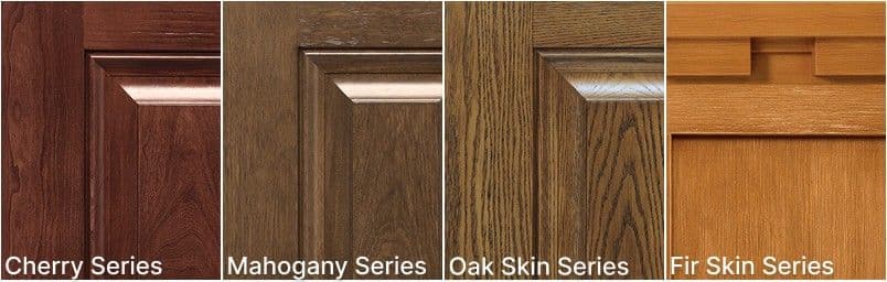 Swatches for ProVia Signet doors in Cherry Series, Mahogany Series, Oak Series, and Fir Series.