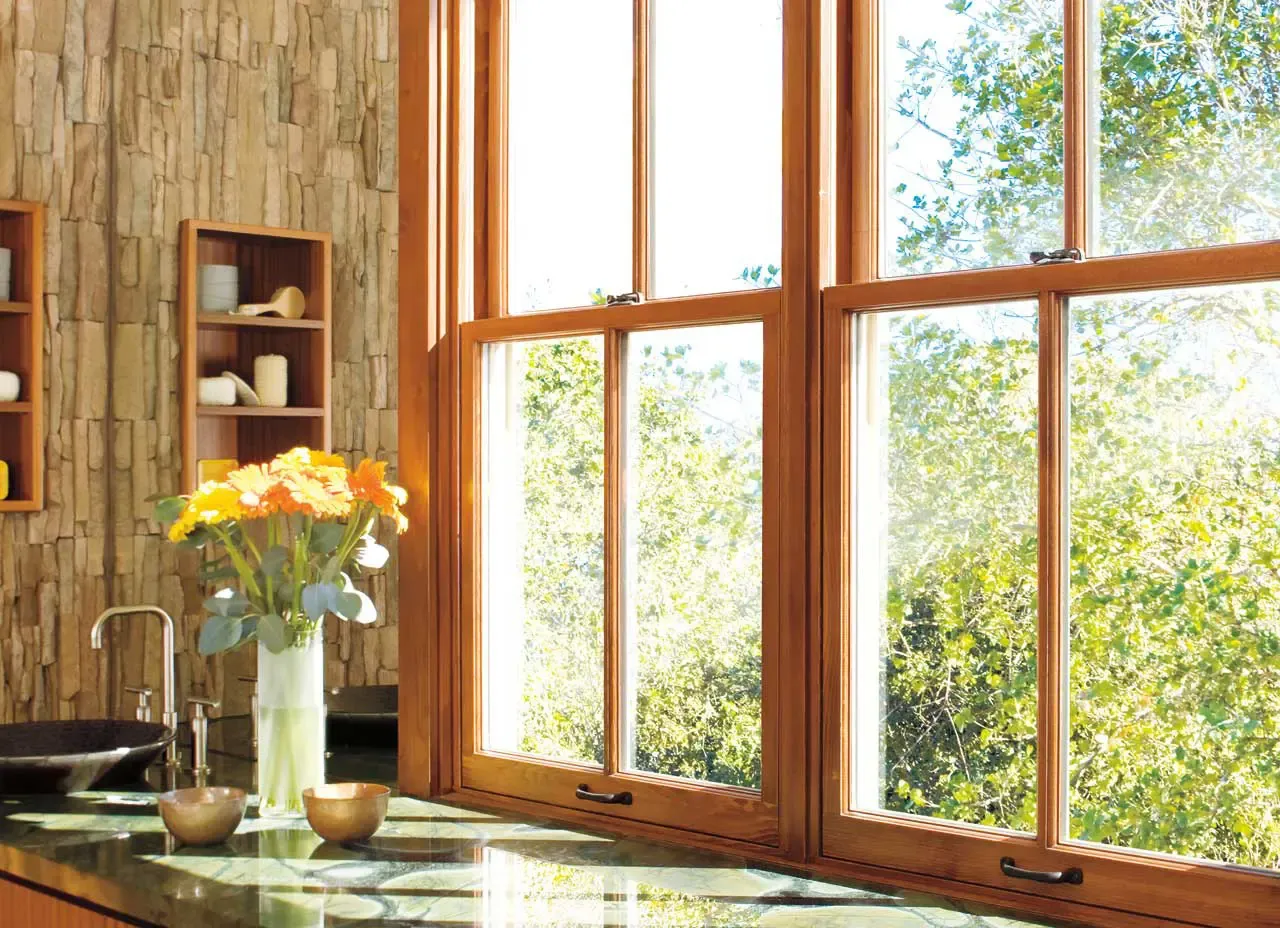 New light brown Wood Windows in a bathroom.